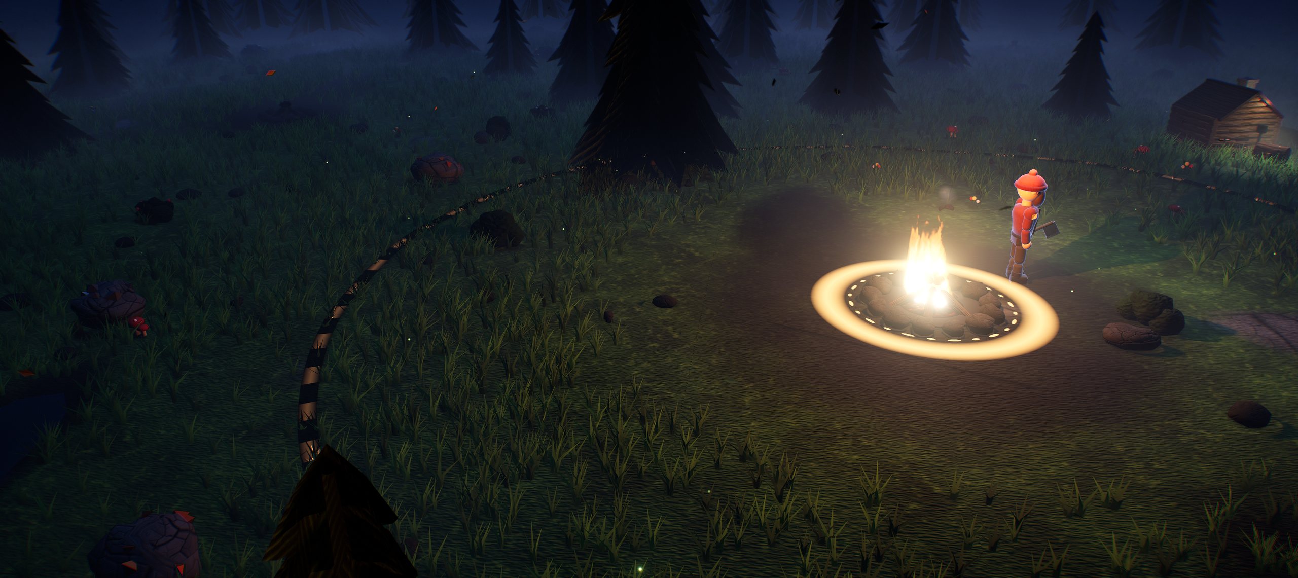 Last Ember: a survivor by the fire in a pine forest at night